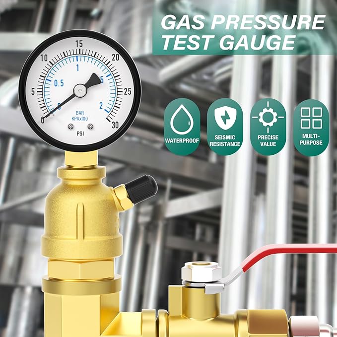 0-30PSI Air Test Pressure gauges, 2" Double Graduated Dial, 3/4" FNPT Forged Brass Bell Shape Body Assembly, 1/8" NPT Air Bleeding Valve, for Pressure Testing on Home Gas Line