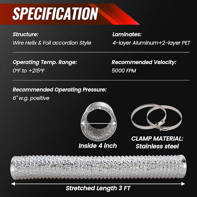 4 Inch 3 FT Flexible Dryer Vent Hose, 6-Ply Aluminum Foil Dryer Vent Kit with 2 Clamps for HVAC Ventilation Silver PVC