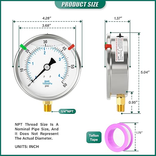 0-60PSI Stainless Steel Liquid Filled Pressure Gauge, 4" Dial Size, 1/4" NPT Lower Mount, for Tube, Water Pump, Gas, Liquid, Pressure Test (with Range Mark Pointer)