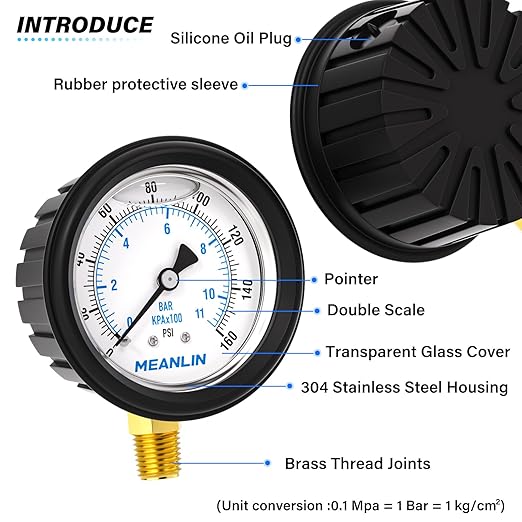 MEANLIN MEASURE 0~160Psi Stainless Steel 1/4" NPT 2.5" FACE DIAL Liquid Filled Pressure Gauge, Lower Mount (with Rubber Protective Sleeve), with 1/2" NPT and 3/8" NPT Hex Bushing