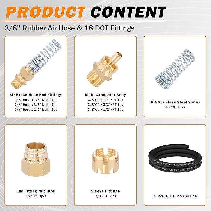 18 Pcs Brass 3/8” DOT Air Hose Male Connector Fittings with Spring Guards, Air Brake Hose End Fitting with Sleeve Tubes，50 Inch 3/8” Rubber Air Hose for Semi Truck Trailer Tractor