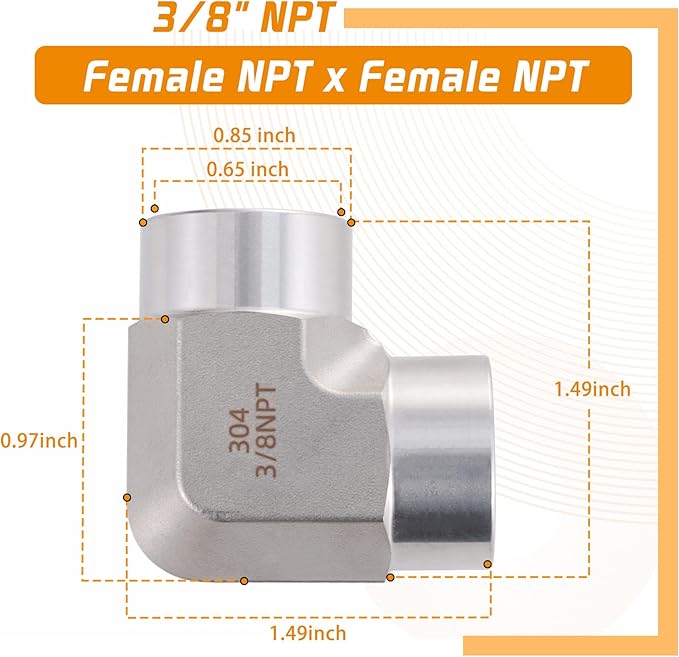 Stainless Steel Pipe Fitting 90 Degree Barstock Street Elbow 3/8" NPT Female x 3/8" NPT Female 2 Pack