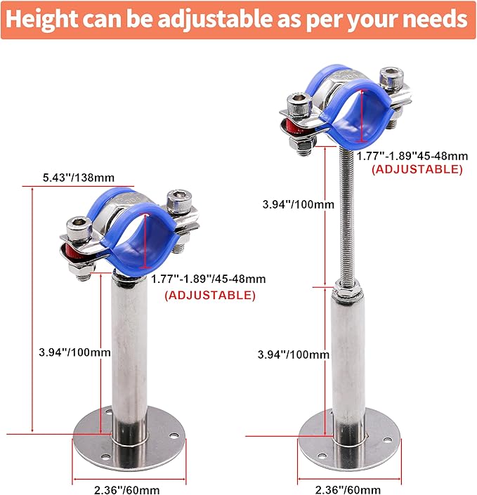 AKIHISA 2 Pcs 304 Stainless Steel Pipe Supports, Wall Mount Ceiling Mount Pipe Hanger, Pipe Holder for OD Pipe 45-48MM Adjustable Height Range 100-200mm