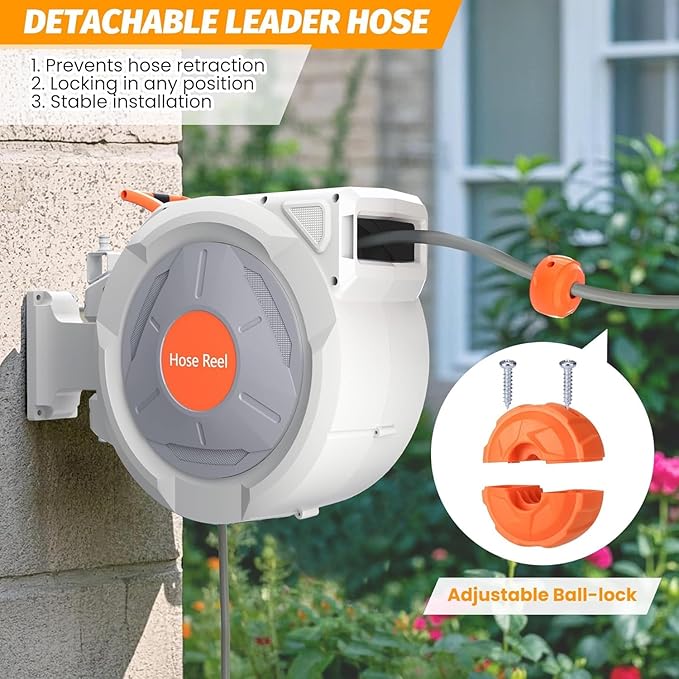 Retractable Garden Hose Reel 5/8 in x 65 Ft, EliteEdge Wall Mounted Garden Hose Reel, with 9 Function Sprayer Nozzle, Any Length Lock, Lock/Automatic Slow Return System, 180° Swivel Bracket