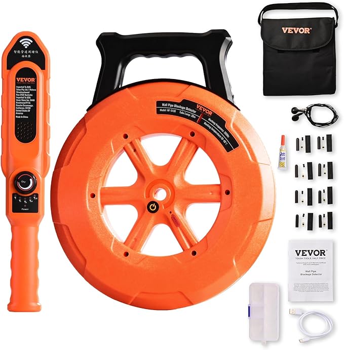 VEVOR Pipe Locators, 100ft/30m PVC Pipe Locators Underground, IP67 Waterproof Pipe Blockage Detector with Adjustable Sensitivity, Sewer Wall Scanner Plumbing Tool for PVC Plastic Metal Water Pipes
