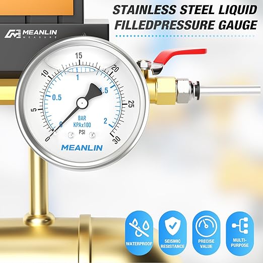MEANLIN MEASURE 0~30Psi Stainless Steel 1/4" NPT 2.5" FACE DIAL Liquid Filled Pressure Gauge WOG Water Oil Air Center Back Mount, with 1/2" NPT and 3/8" NPT Hex Bushing