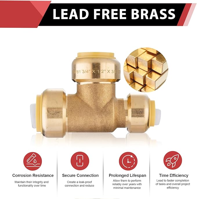 EFIELD Push-Fit Fitting 3/4" X1/2" X 3/4" Tee to Connect Pex, Copper, CPVC Pipe with Two Size Disconnect Tool Clips,(PF128)