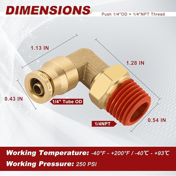 1/4" Quick Push to Connect Fittings Brass 90 Degree Union Swivel Elbow Joint DOT Approved 1/4" Tube OD x 1/4" NPT Thread Air Brake Line Adapter Air Suspension Kit for Car Truck Trailers 2pcs
