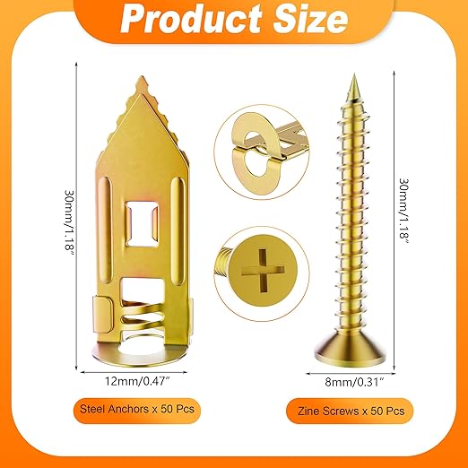 100pcs Self Drilling Drywall Anchors with Screws kit, 50pcs Sheetrock Anchors and 50pcs Expansion Screws, Zinc Plated Screws, No Need to Drill Holes