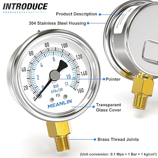 MEANLIN MEASURE 0~160Psi Dry Pressure Gauge Stainless Steel 1/8" NPT 2" FACE DIAL Waterproof for Air Compressor RV Regulator Water Pressure Tester Lower Mount with 1/4" NPT and 3/8" NPT Hex Bush