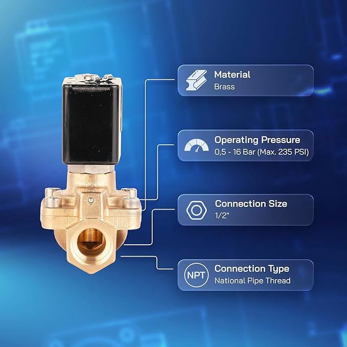 UNOX 1/2" NPT Solenoid Valve 24V DC, Brass Control Valve Normally Closed - 7-232 PSI Multi-Purpose Reliable Control Valve for Water, Air, and Gas - Solenoid Valves