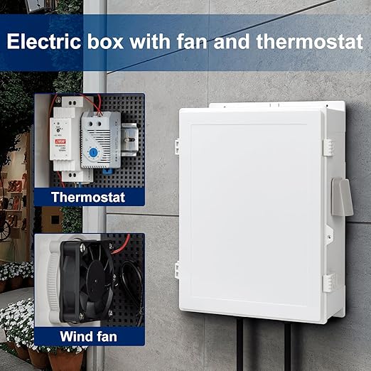 Outdoor Electrical Box with Thermostat and Fan, ABS Water Resistant Enclosure with Internal Mounting Panel & Hinged Cover, 18.1" H* 12.6" L* 6.3" W, Plug & Play.
