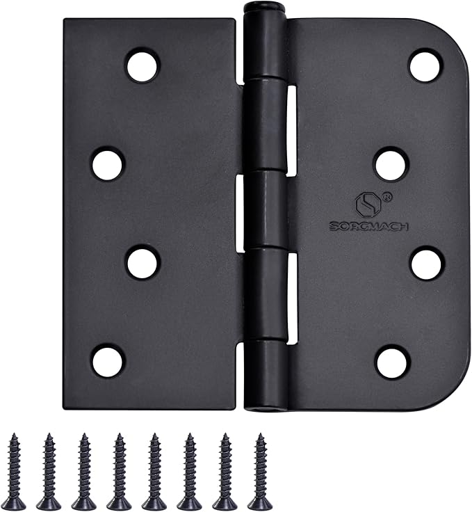 Door Hinge 4 Inch Interior Door Hinges Matte Black 4 Inch Interior Hinges Flat Iron Hinge 4"x 4" Door Hardware 5/8" Radius - 12 Pieces