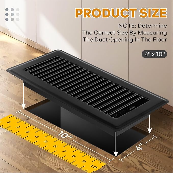 4 x10 Floor Registers, Floor Vent Covers 10 Pack, Heavy Duty Steel Walkable Vent Covers for Home Floor, Easy Adjust Air Supply Lever, for Sidewall and Floor, Black