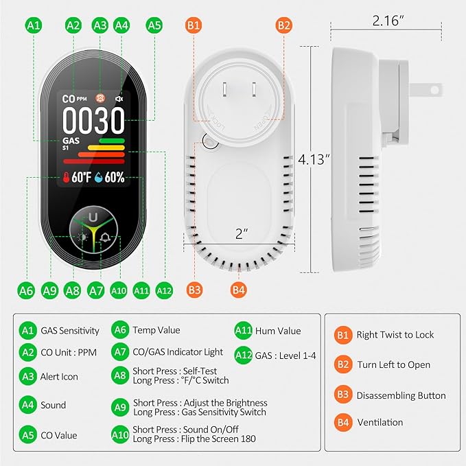 4-in-1 Carbon Monoxide Detectors & Natural Gas Leak Detector Plug in, Combination CO Detector & Combustible Gas, LPG, Methane, Propane Alarm with Fahrenheit(°F) & Humidity(1 Pack)