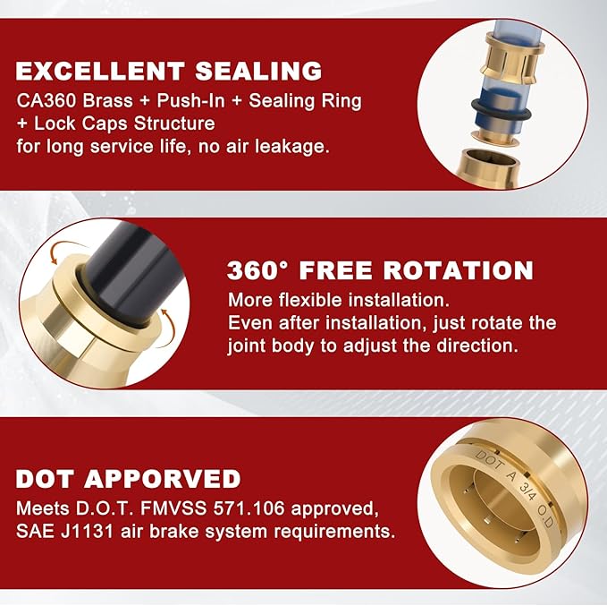 3/4" Quick Push to Connect Fittings Brass Union Straight Joint DOT Approved 3/4" Tube OD x 1/2" NPT Thread Air Line Adapter Air Suspension Kit for Truck Trailers and Air Brake System 4pcs