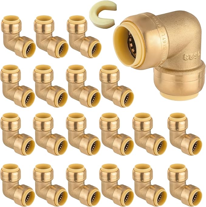 HeSun 20-Pack Pushfit 90 Degree Elbow, 3/4"x3/4" Push to Connect Plumbing Fittings with Disconnect Clip, Brass Push-fit Fittings for PEX, Copper, CPVC, PE-RT Pipes