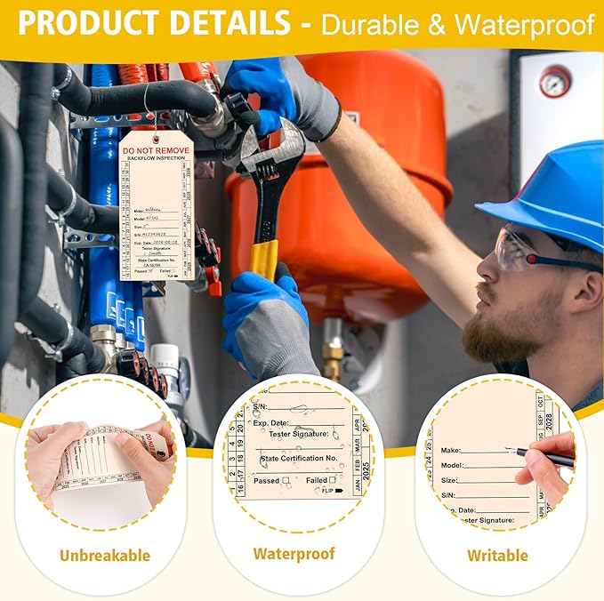 100 PCS Waterproof Backflow Inspection Tags 2.6 x 5.2 Inch Heavy Duty 18 Mil Writable Plastic Tags with Iron Wire & Pen Double-Sided Printing Pre-Punched Holes Maintenance Record for Backflow (Beige)