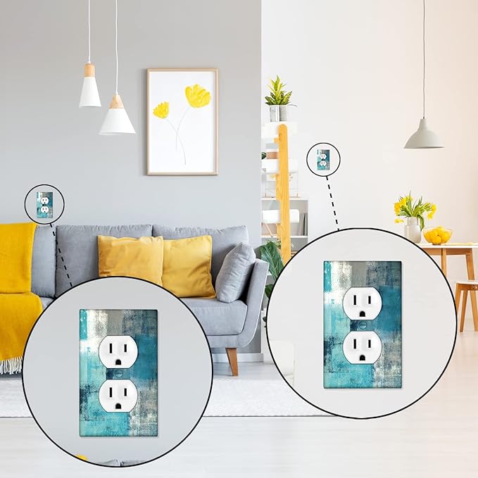 Turquoise Grey Duplex Electrical Outlet Wall Plate Decortive Teal Light Switch Cover Abstract Art Wall Plate Cover Wallplates for Bedroom Kitchen Home Decor