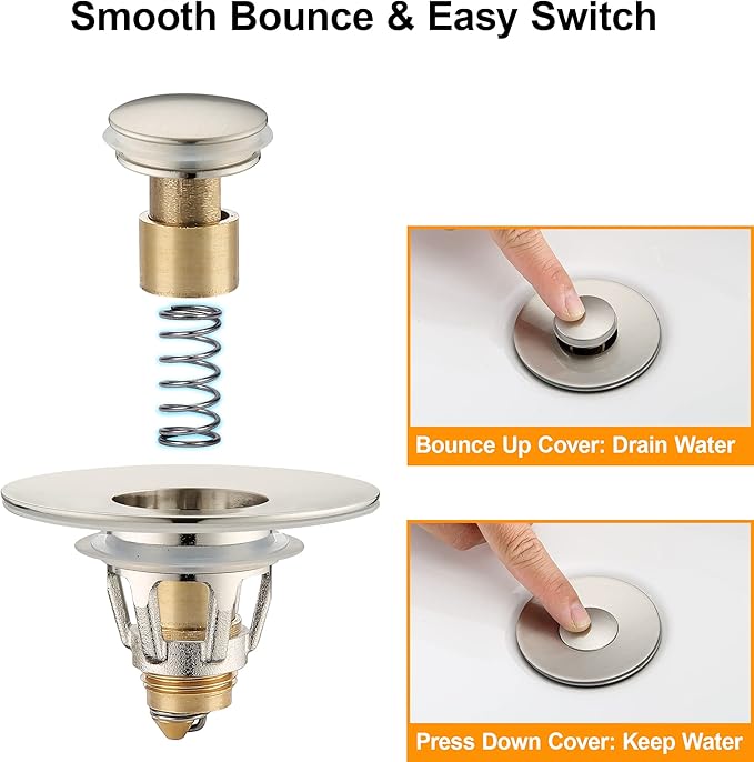 Bathroom Sink Drain Stopper for 1.1 to 1.5 inch Standard Drain Holes, Pop-up Sink Stoppers, Bullet Core Push Type Basin Drain Filter, Anti Clogging Stainless Steel Sink Strainer With Basket, Brushed