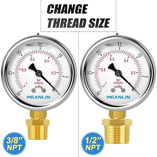 MEANLIN MEASURE -30inHG~0Psi Stainless Steel 1/4" NPT 2.5" FACE DIAL Vacuum Pressure Gauge, Lower Mount, with 1/2" NPT and 3/8" NPT Hex Bushing