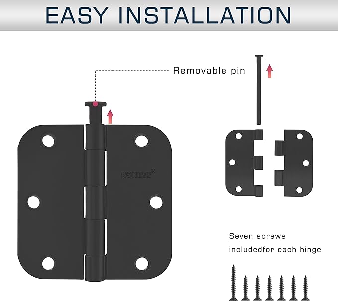 18 Pack Matte Black Door Hinges 3.5 Inch, 5/8" Radius Rounded, Standard Residential for Doors 3 ½",Sturdy Hinges, Interior Hinges