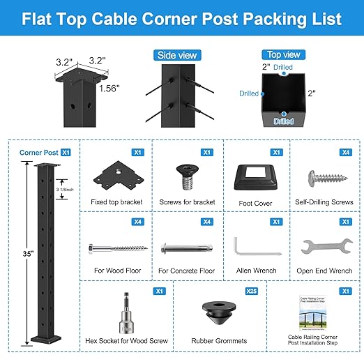 36" Cable Railing Corner Post, Stainless Steel Flat Top Deck Corner Post with Cable Grommets, 2"x2" 90° T-Drilled Metal Corner Post for Black Deck Stair Railing System, RG13