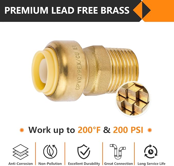 HeSun 6-Pack Pushfit Male Adapter, 3/4" MNPT x 3/4" Push to Connect Plumbing Fittings with Disconnect Clip, Brass Push-fit Fittings for PEX, Copper, CPVC, PE-RT Pipes