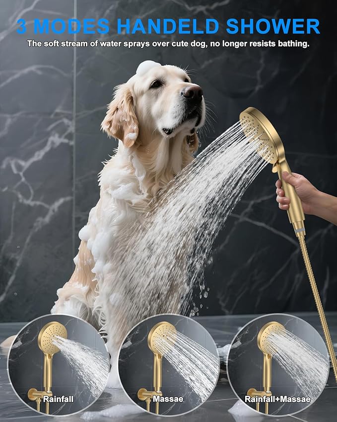 Shower System with Pressure Balance Valve, 10" Ceiling Mount Shower Faucet Set with 2 Rain Shower Head And Multi-function Handheld Head Push Button Diverter Pressure Balancing Valve Kit, Brushed Gold