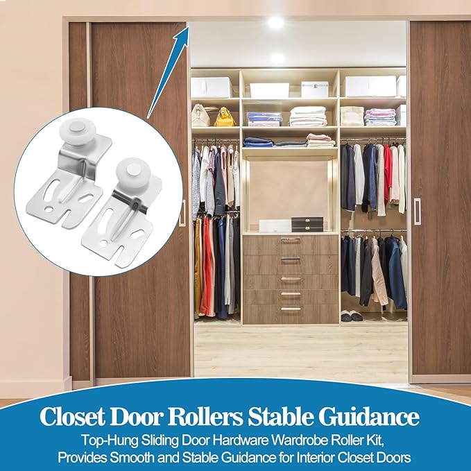 Closet Sliding Door Rolle Kit, Sliding Closet Door Floor Guide, Wardrobe Door Roller with Slide Track, Top-Hung Sliding Doors Hardware Replacement, Fits 3/4" to 1-3/8" in Thick Doors