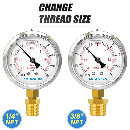 MEANLIN MEASURE -30inHG~30Psi Stainless Steel 1/8" NPT 2.5" FACE DIAL Vacuum Pressure Gauge, Lower Mount, with 1/4" NPT and 3/8" NPT Hex Bushing