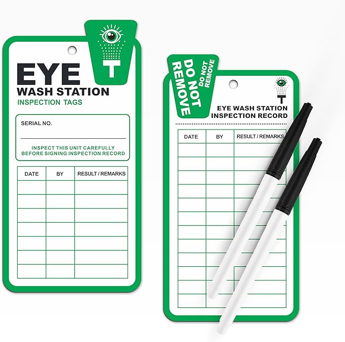 Eye Wash Station Inspection Tags - 50 Pack, Yearly Monthly Eyewash Inspection Station Tags, RP-Plastic, OSHA Approved, Waterproof