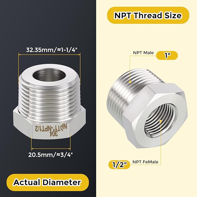 METALLIXITY 2PCS 1" Male NPT x 1/2" FeMale NPT Thread 304 Stainless Steel Hex Bushing Extension Tube Adapters Convert for Water Tub Spout/Shower