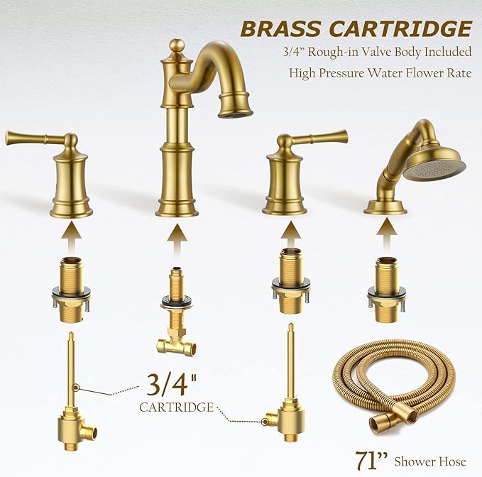 Roman Bathtub Faucet Set With Hand Shower 4 Hole Deck Mount Tub Filler With Diverter, 2 Lever Handle Rough-in Valve and Water Supply Lines Included for Bathroom Tub, Brushed Gold