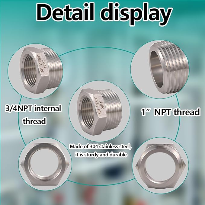 2 Pcs 1" Male NPT to 3/4" Female NPT Reducer Hex Bushing，304 Stainless Steel Pipe Fitting Hex Bushing, Heavy Duty Pipe Fitting Reducer Adapter