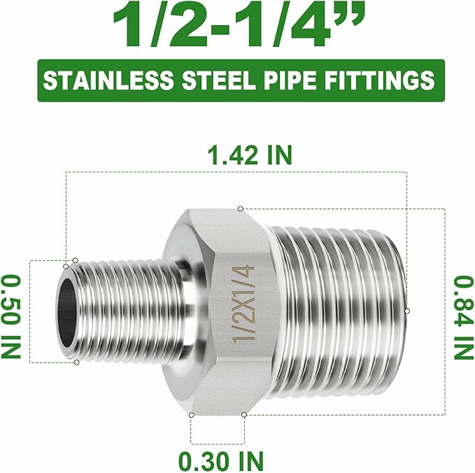 TAISHER 5PCS 304 Stainless Steel New Hex Nipple, 1/2" NPT Male x 1/4" NPT Male, Reducing Pipe Adapter Fitting