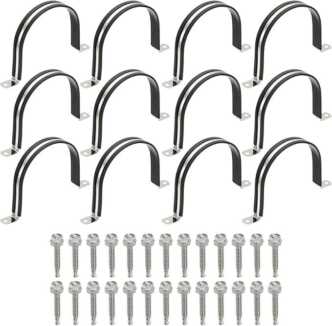PATIKIL 12Pcs Pipe Clamps, 4-1/2 Inch 304 Stainless Steel Rubber Cushioned U Bracket Conduit Clamps Pipe Strap Wire Clips with Hexagonal Screw for Tube Hose Cord Installation, 114mm