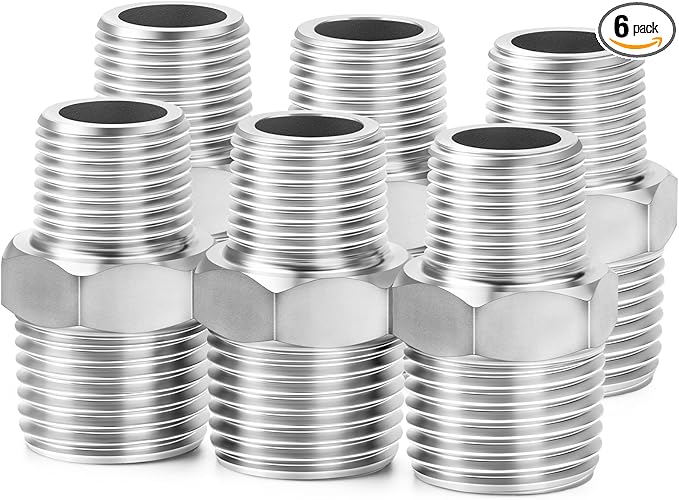 ChillWaves 304 Stainless Steel Pipe Fitting, Reducer Hex Nipple 1/2" NPT Male x 3/8" NPT Male Thread Adapter(6-PACK)