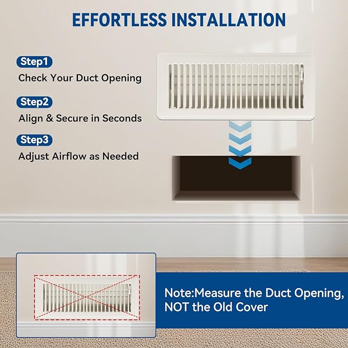 4" x 12" Floor Register Vent Covers 2-Pack, Walkable Powder-Coated Metal Vent Covers with Adjustable Airflow, Curved Safe Edges for Floor/Wall, White