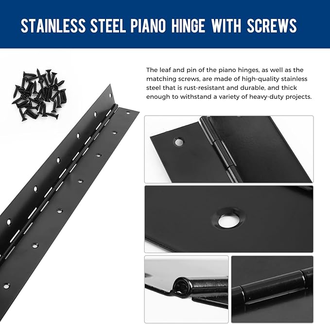 Black Piano Hinge 48 Inch x 3 Inch Heavy Duty Stainless Steel Piano Hinge Continuous Hinge for Cabinet, Door, DIY Wood Boxes, 0.05" Leaf Thickness