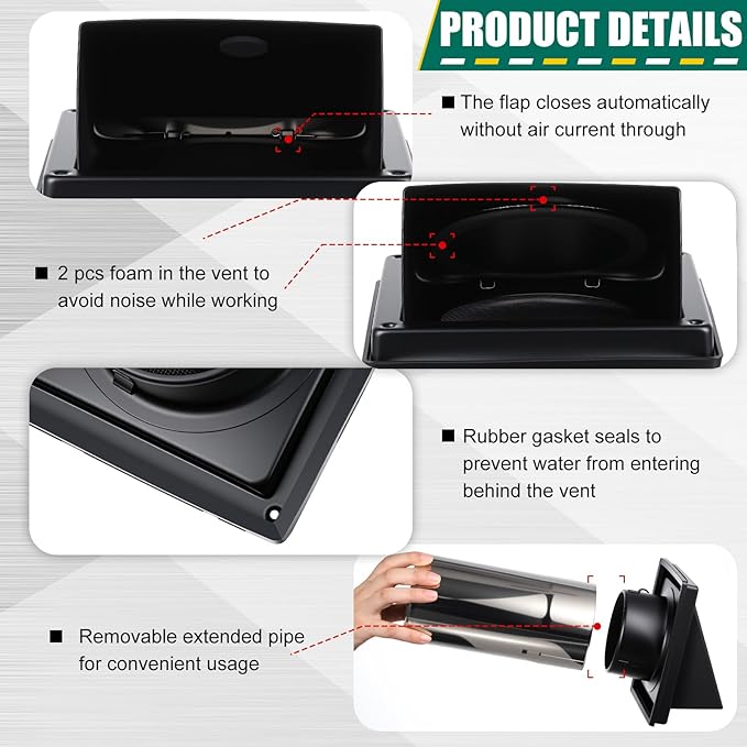Gisafai 4" Dryer Vent Cover Outside with Stainless Steel Guard Wall Dryer Exhaust Cap and Removable Extended Pipe Vent Shroud Hood Cushioned Non Return Flap with Sealing Gasket Grille(Black)