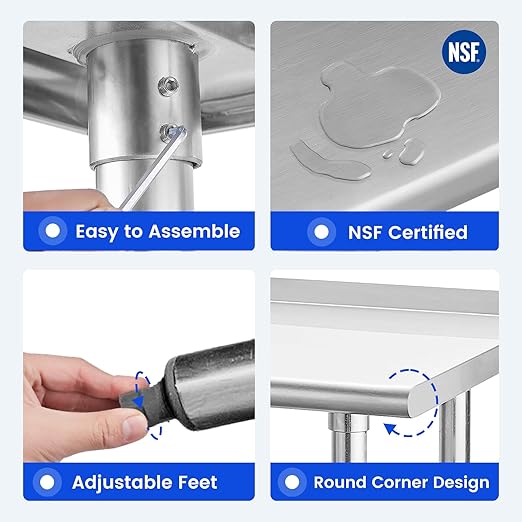 Hally Stainless Steel Table for Prep & Work 14 x 60 Inches, NSF Commercial Heavy Duty Table with Undershelf and Backsplash for Restaurant, Home and Hotel