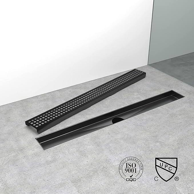 Linear Shower Drain, 60 inch Black Drain with Removable Grate Cover, Brushed 304 Stainless Steel Shower Floor Drain, Linear Drain with Hair Strainer and Adjustable Feet