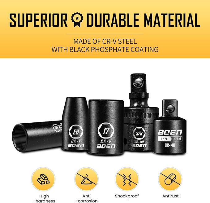 BOEN 3/8" Drive Impact Socket Set, 59-Piece Standard SAE (5/16 to 3/4 inch) and Metric (6-22mm), Include 9-Piece E-Torx Socket Set (E5-E16) 丨Ratchet Handle, Extension Bar, Universal Joint, Adapter