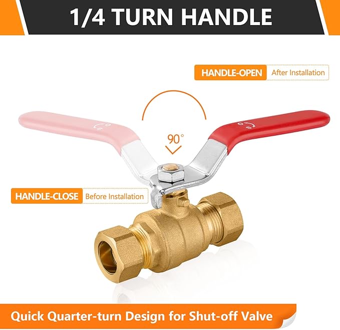 5 PCs HeSun Compression Ball Valve, 1/2'' Compression Brass Full Port Shut-off Valve, 600 WOG (Water, Oil and Gas), Red(VALVE114-5)