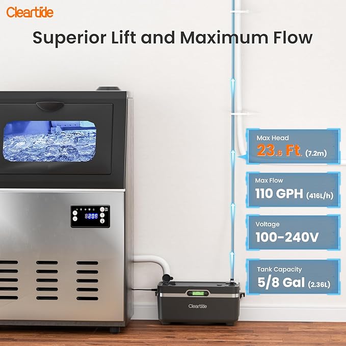 Cleartide Condensate HVAC Pump, Ultra-Quiet 25dB, 1/50 HP 110 GPH, 100-240V, Automatic Condensate Removal Pump with Safety Switch and Tubing for Air Conditioner/Furnace/Dehumidifier/Ice Machine