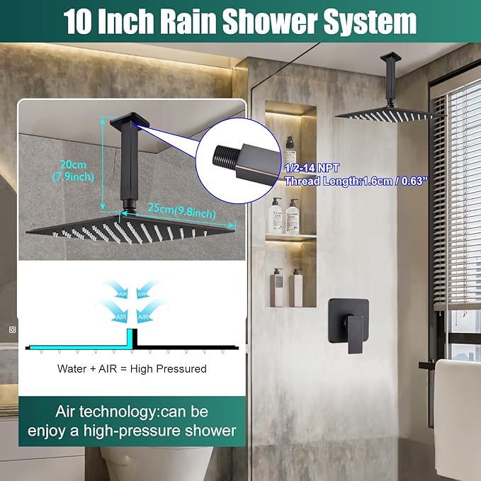 Heyalan Shower Faucet Set Square Stainless Steel Bathroom Rainfall Shower System One Handle Single Function Shower Trim Kit with Rough-in Valve Male Thread,Ceiling Mount,10 Inch,Oil Rubbed Bronze