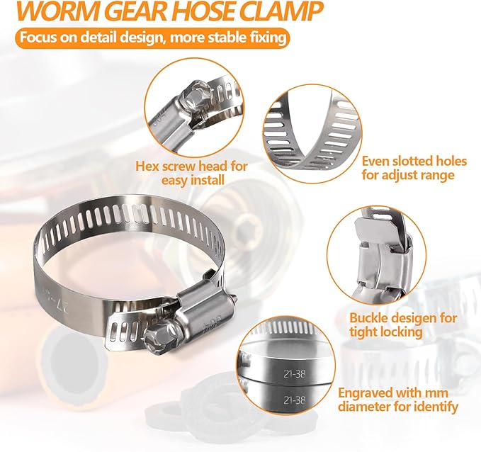 85PCS Hose Clamp Assortment Kit, Stainless Steel Worm Drive Clamps, Adjustable 1/4'' to 2'' (6-51mm) Worm Gear Hose Clamps for Plumbing, Automotive And Mechanical Applications