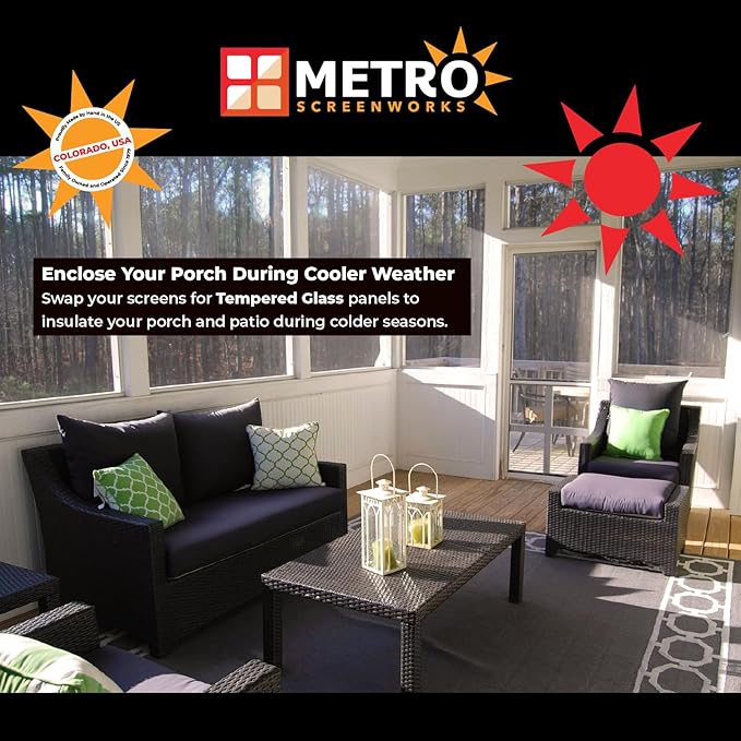 Metro Screenworks Framed Tempered Glass Panel for Porch & Patio Panels, Outdoor Enclosures, (28-5/8" x 34-1/2", Tan) Enclose Your Porch with Tempered Glass Panels - Glass Panel Replacement