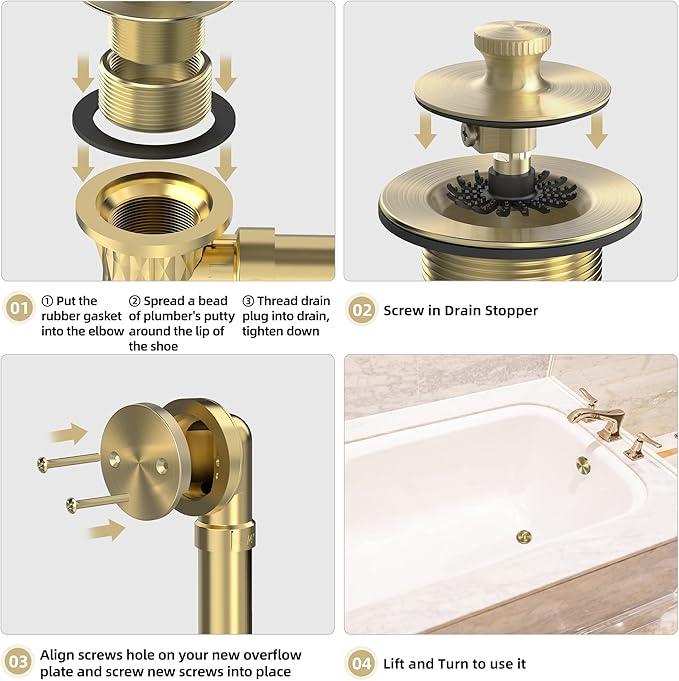 Brushed Gold Bathtub Drain, Hair Catcher and 2-Hole Overflow Faceplate, 11.5/16 UNC, Lift and Turn Bathtub Drain Replacement, Tub Drain Stopper
